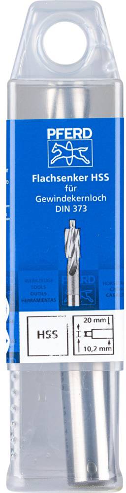 Verpackung eines Flachsenker HSS Werkzeugs, geeignet für Gewindekernloch nach DIN 373. Produktdetails und technische Spezifikationen sichtbar.