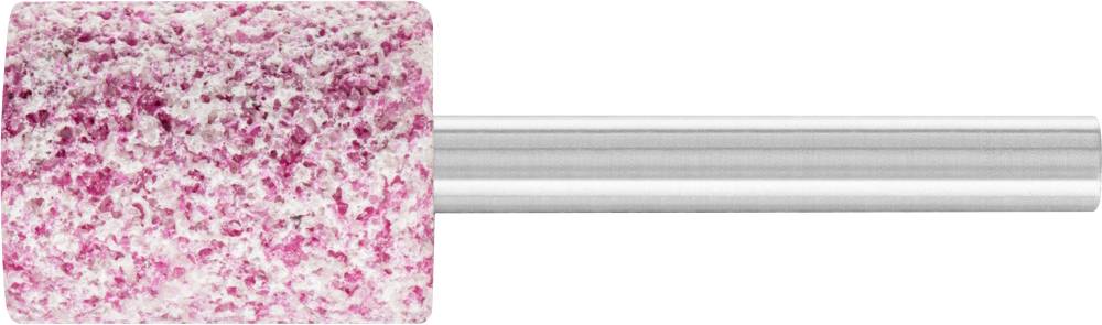 Ein zylindrischer Schleifaufsatz mit rosa und weißen Körnern auf einem Metallstift, verwendet für präzise Schleifarbeiten.