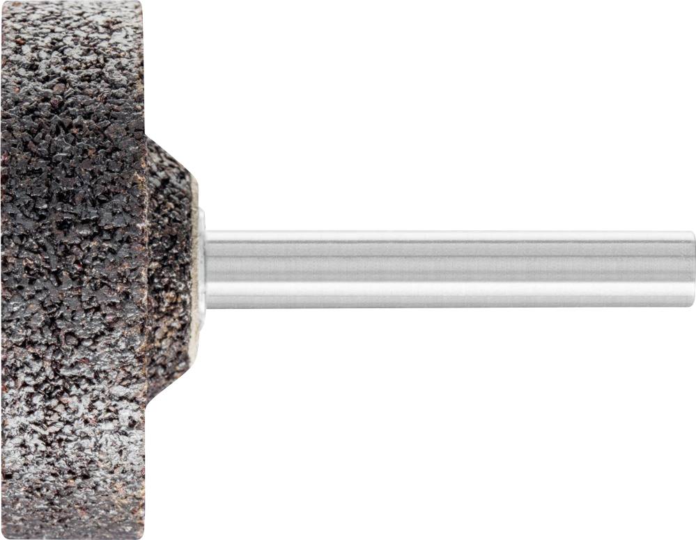 Schleifkopf mit zylindrischem Schaft aus Metall. Der Kopf ist aus rauem, braun-schwarzem Material, verwendet zum Schleifen.