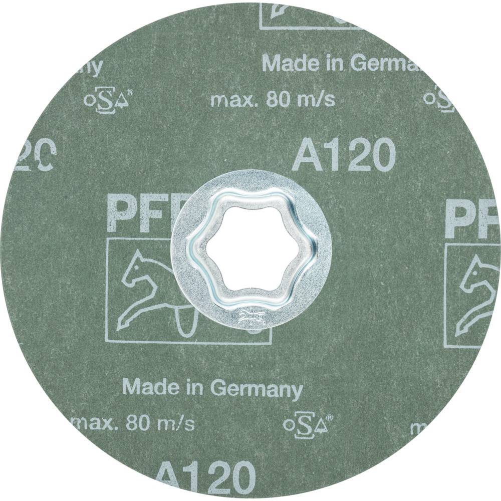 Grünes Schleifrad mit weißem Metallring in der Mitte. Text 'Made in Germany' und 'max. 80 m/s' zu sehen.