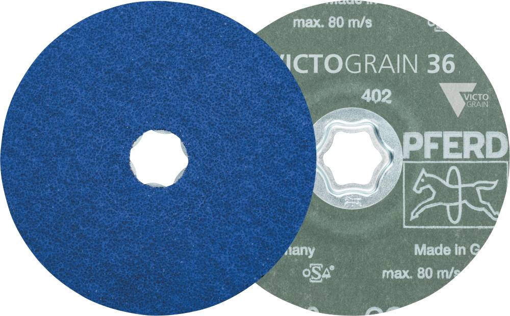 Zwei Schleifscheiben mit der Aufschrift 'VICTOGRAIN 36', eine blau und eine grau, mit einem stilisierten Pferd-Logo und Angabe 'Made in Germany'.