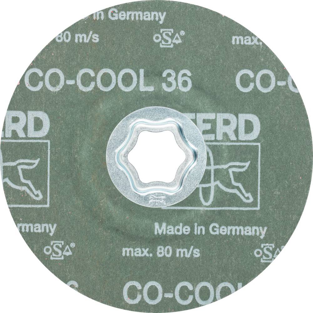 'CO-COOL 36' Schleifscheibe mit maximaler Geschwindigkeit von 80 m/s, hergestellt in Deutschland, Markenname 'PFERD'.