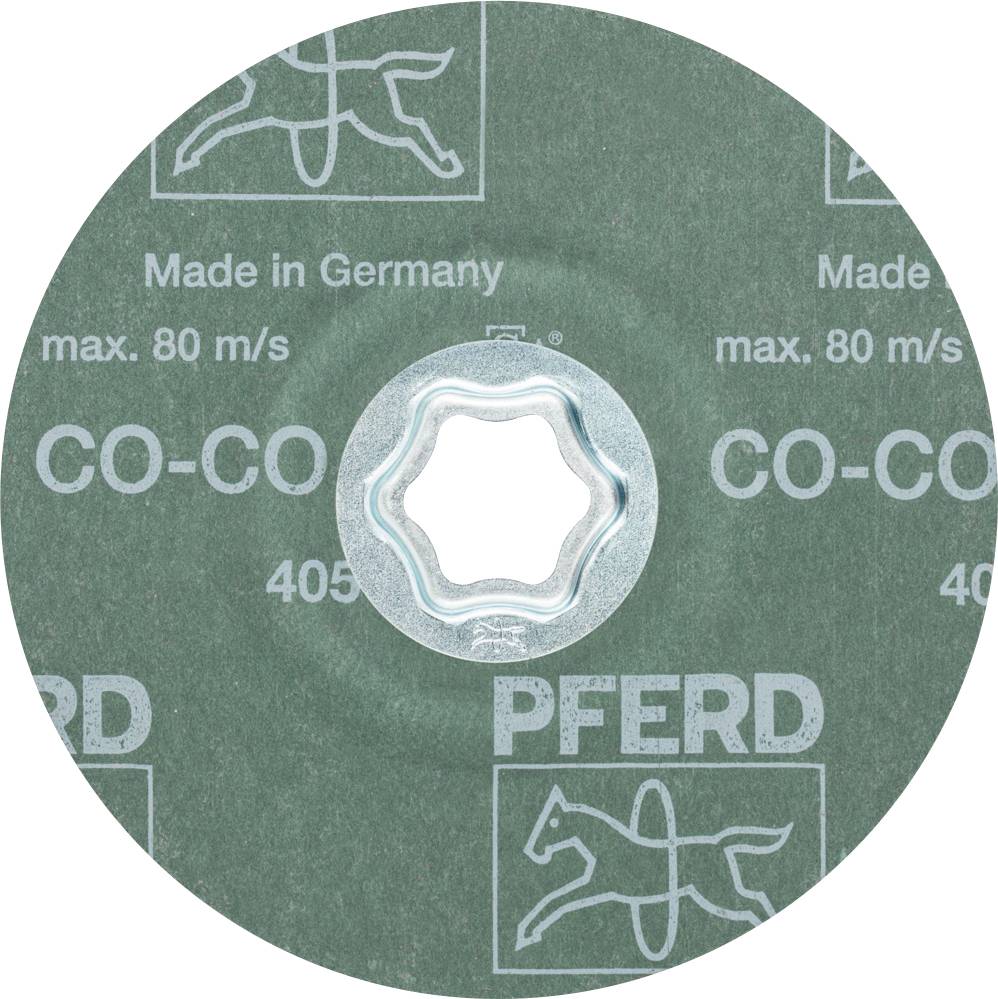 Schleifscheibe mit Schrift 'Made in Germany', max. 80 m/s'. Markenname 'PFERD'. Grünes Design mit weißer Schrift und Logo.