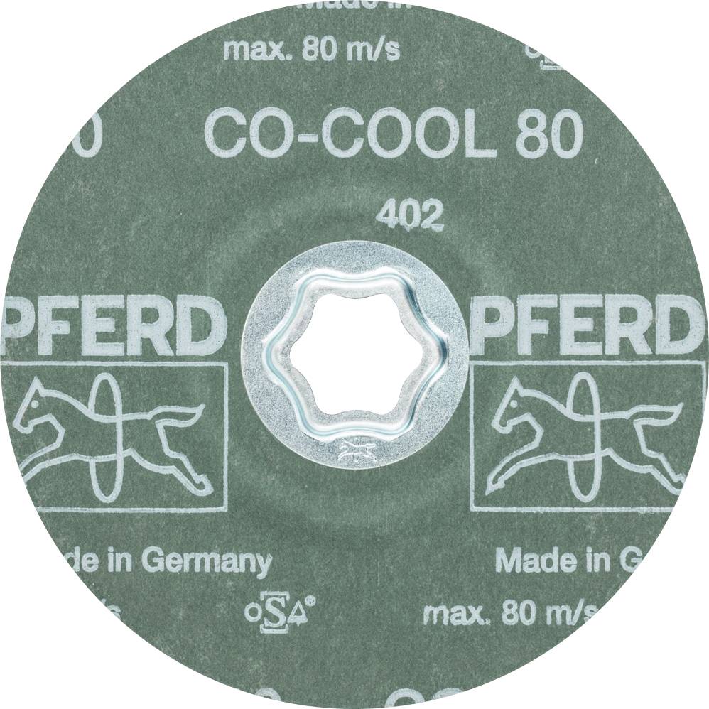 Runde Schleifscheibe mit Pferd-Logo, Aufschrift 'CO-COOL 80', 'Made in Germany', max. 80 m/s.