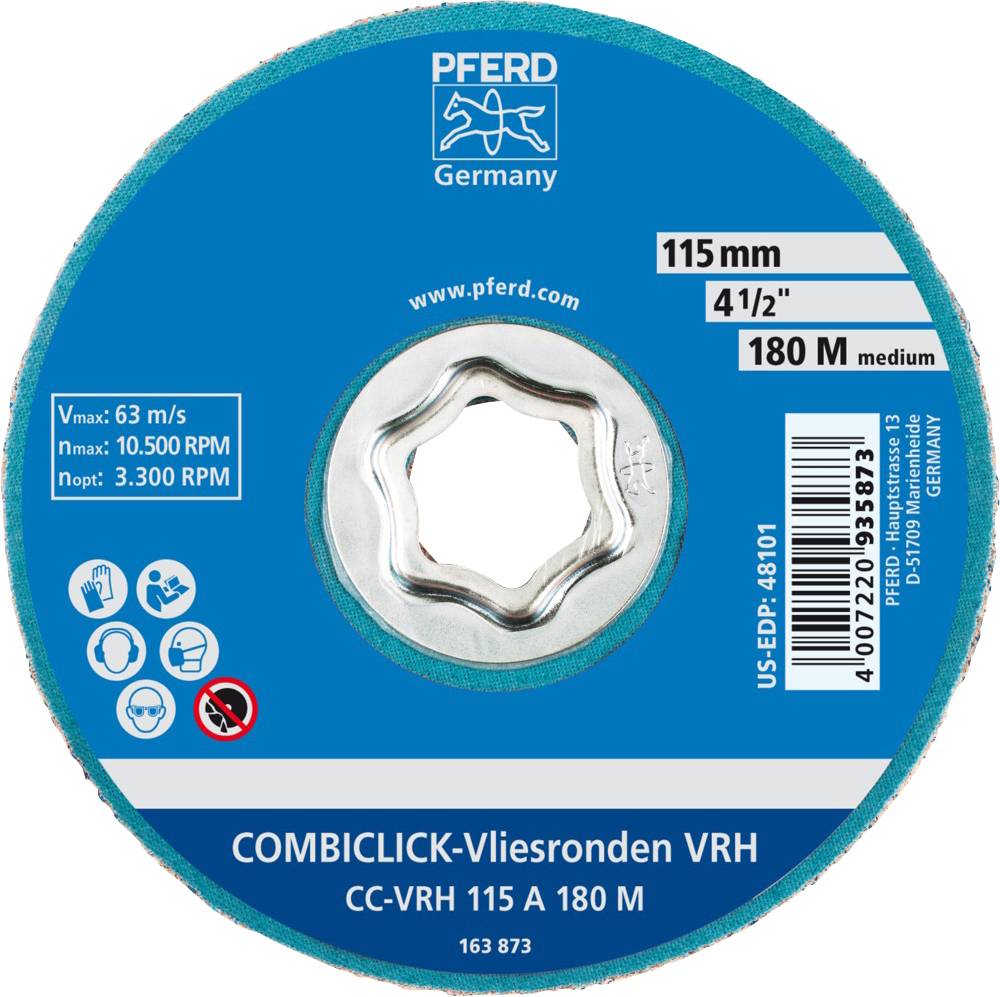 'COMBICLICK-Vliesronden VRH', Schleifscheibe, 115 mm Durchmesser, 180 Medium, max. 63 m/s Geschwindigkeit, max. 10.500 U/min.