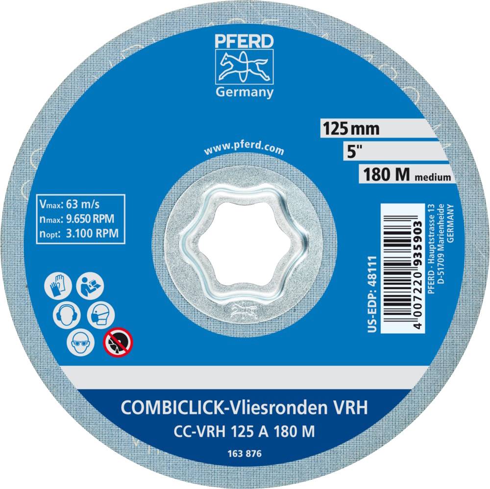 Etikett einer Schleifscheibe mit Angaben: '125 mm', '5 Zoll', '180 M', 'COMBICLICK-Vliesronden', 'Max. 63 m/s', '9.650 RPM', '3.100 RPM'.