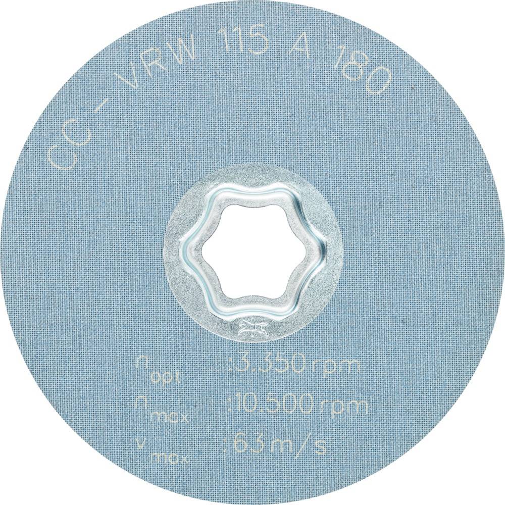 Blaues Schleifpapier mit weißem Text: 'CC-VRW 115 A 180'. Details zu Umdrehungen: 3.350 rpm, 10.900 rpm max. Geschwindigkeit: 6,3 m/s.