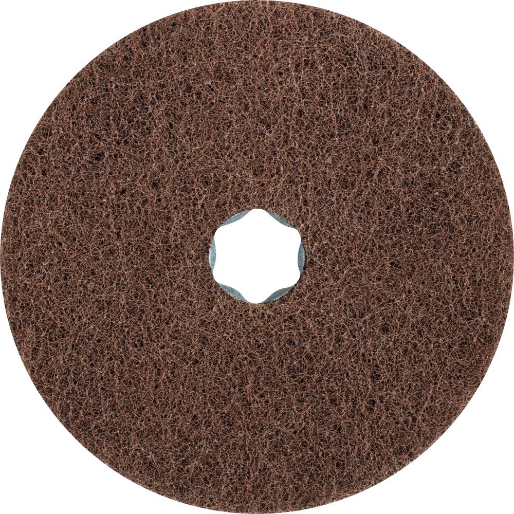 Braune Schleifscheibe aus Vliesmaterial mit sternförmiger Öffnung in der Mitte. Geeignet für Oberflächenbearbeitung und Reinigung.