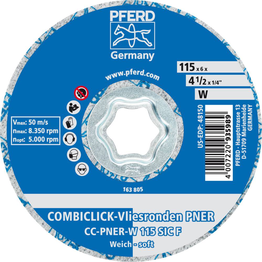 'COMBICLICK-Vliesronden PNER, CC-PNER-W 115 SIC F, Weich-soft' steht auf einer blauen Schleifscheibe für eine 115-mm-Maschine.
