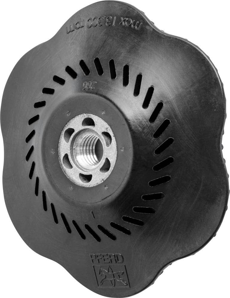 Ein schwarzes Schleifmittel-Zubehör in Blütenform mit einem Metallaufsatz in der Mitte, um mit einer Schleifmaschine verwendet zu werden.