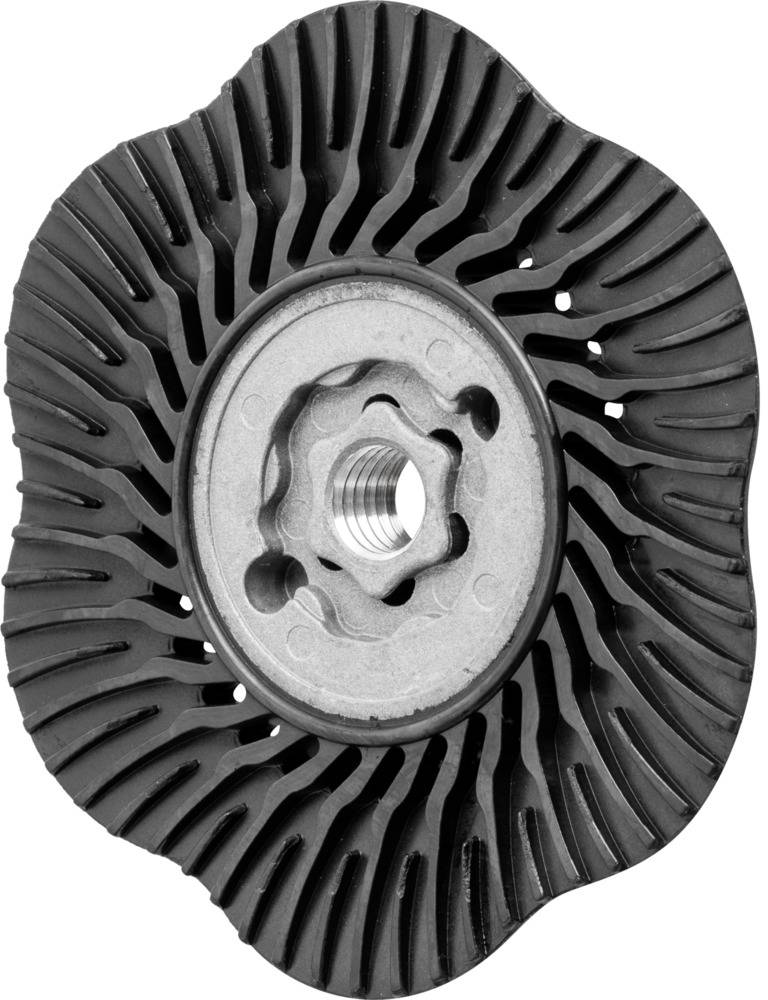Schwarze Schleifscheibe mit speziellen Rillenmustern und Metallmitte, verwendet zum Polieren oder Schleifen von Materialien.