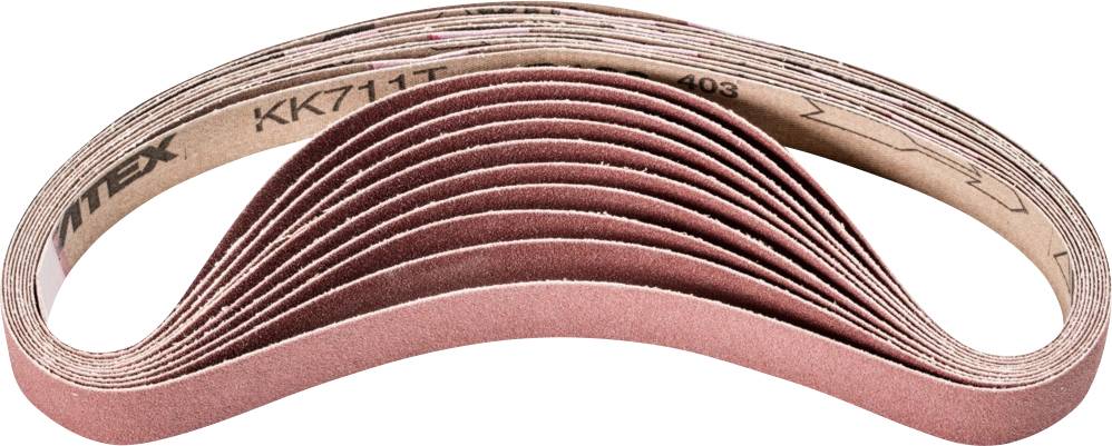 Ein Bündel Schleifbänder in rötlicher Farbe ist spiralförmig angeordnet, geeignet für industrielle Schleifmaschinen.