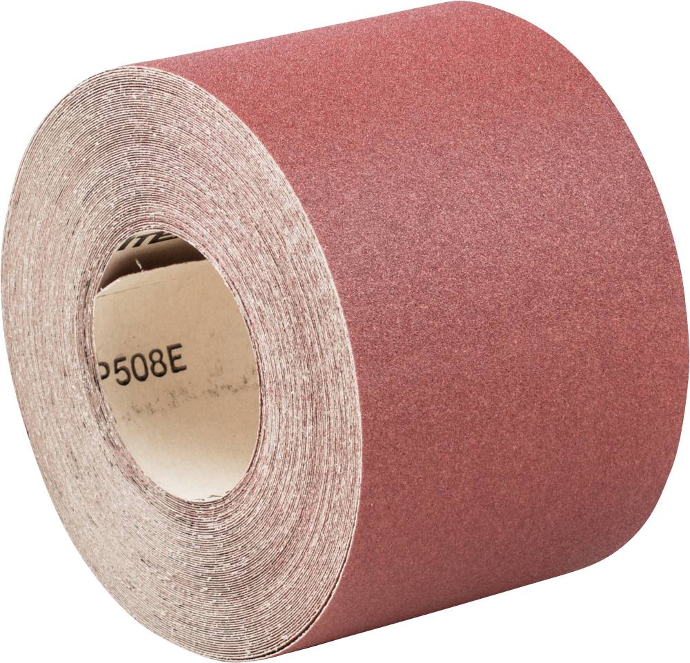 Rolle aus rotem Schleifpapier, eng aufgerollt, seitlich gesehen.