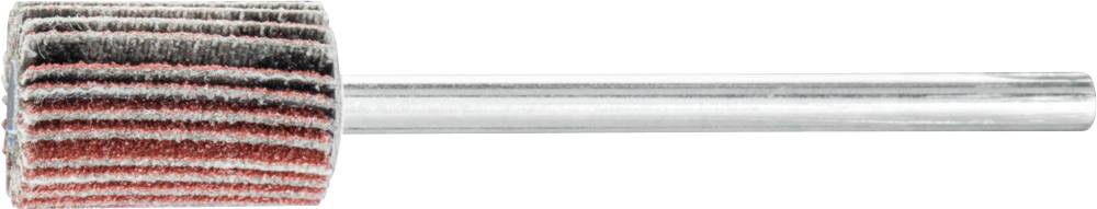 Nahaufnahme eines Schleifaufsatzes mit roten und grauen, gestapelten Schleifpads auf einem Metallstab.