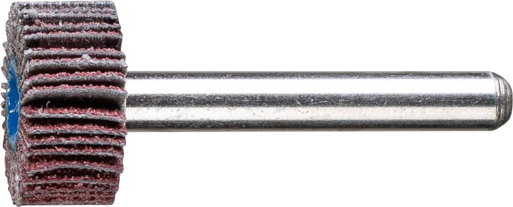 Schleifwerkzeug mit einer rot gestapelten Schleifscheibe auf einem Metallstab, verwendet für präzise Schleifarbeiten an kleinen Oberflächen.