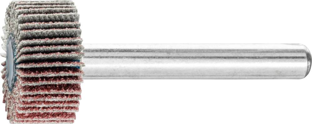 Ein Schleifaufsatz aus versetzten Schleifscheiben an einem langen Metallstift, geeignet zum Polieren und Bearbeiten von Oberflächen.