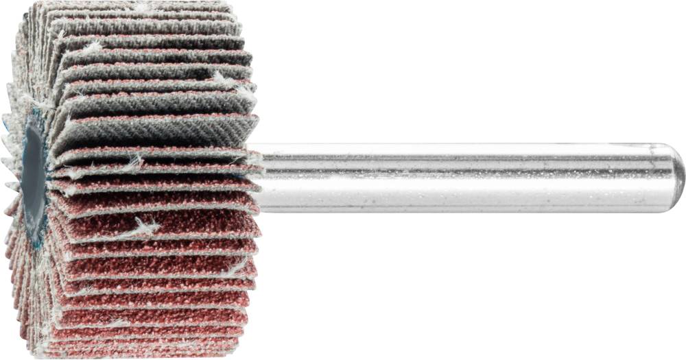 Zylinderförmiges Schleifwerkzeug mit gestapelten, lamellenartigen Schleifscheiben auf einem Metallstab. Werkzeug für Oberflächenbearbeitung.