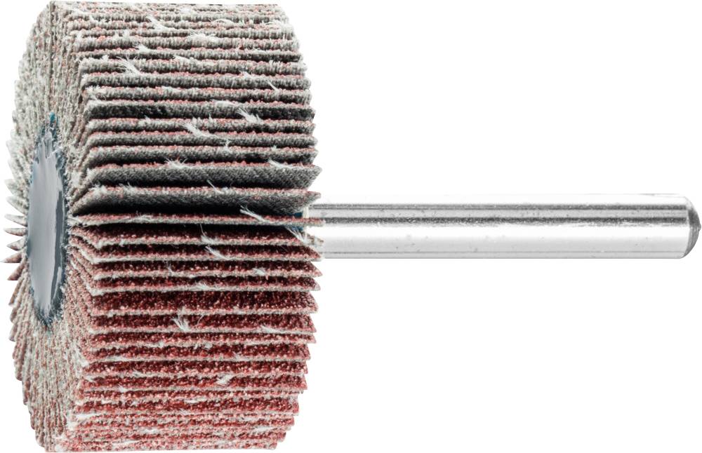 Ein zylindrischer Schleifaufsatz mit mehreren Schichten von Schleifpapier, befestigt an einem Metallstab. Verwendung für Polierarbeiten.