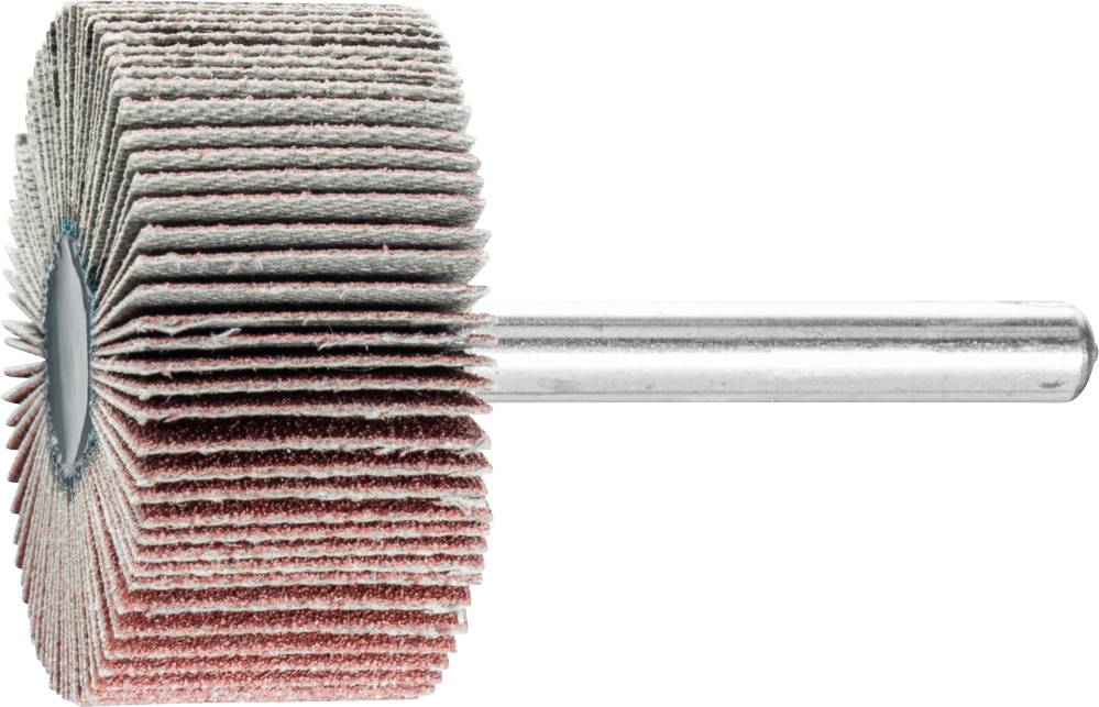 Schleifaufsatz mit rot-braunen Lamellen und Metallstange zur Verwendung in Elektrowerkzeugen für das Polieren und Schleifen.