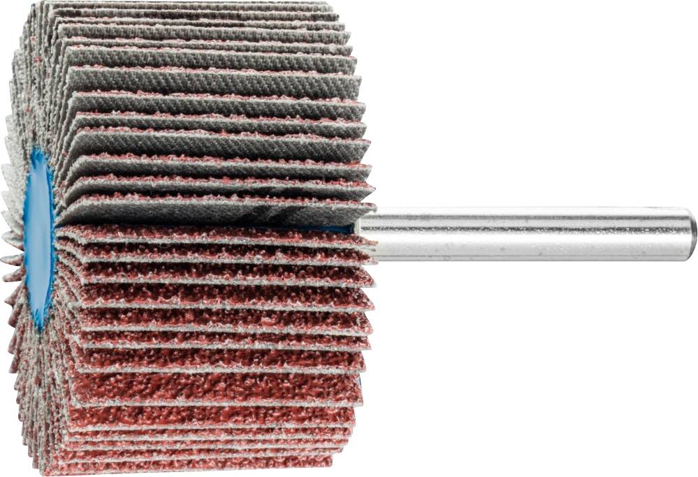 Anbei eine Schleiflamellenrolle mit zahlreichen horizontalen Lamellen aus Schleifpapier an einem Metallstab zur Verwendung bei Schleifarbeiten.