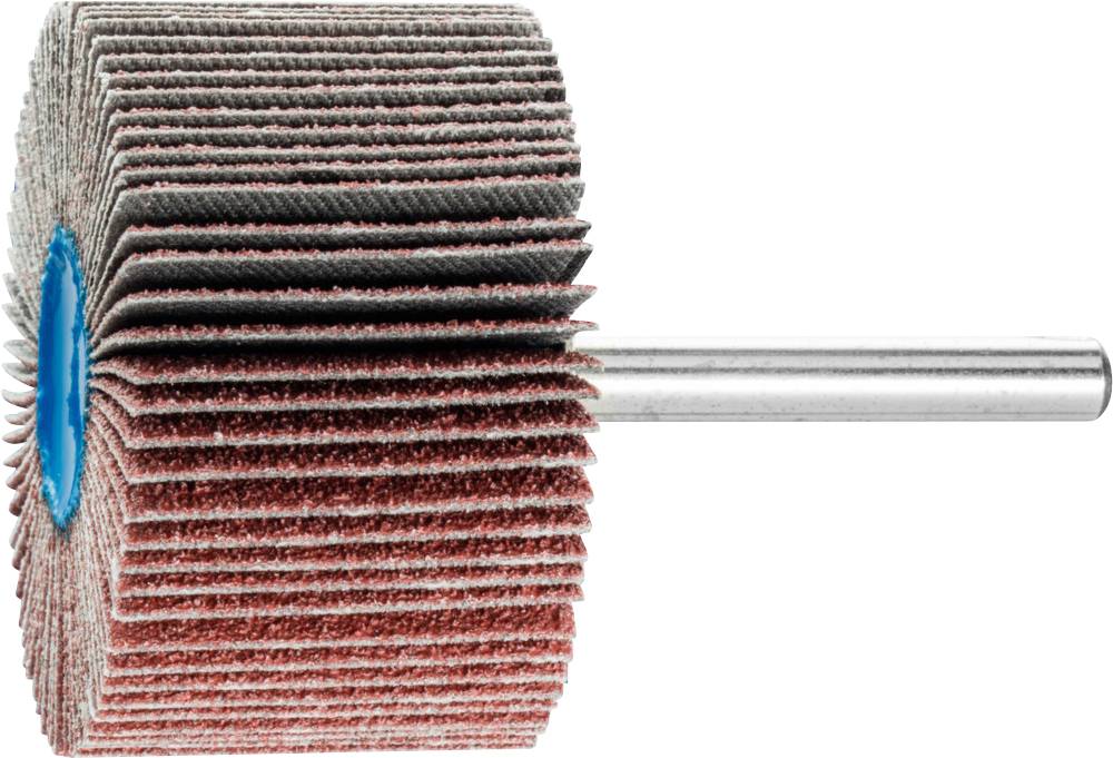 Schleiflamellenrad mit Zylinderschaft, mehrfach geschichtete Schleifblätter zur Oberflächenbearbeitung von Metall oder Holz.