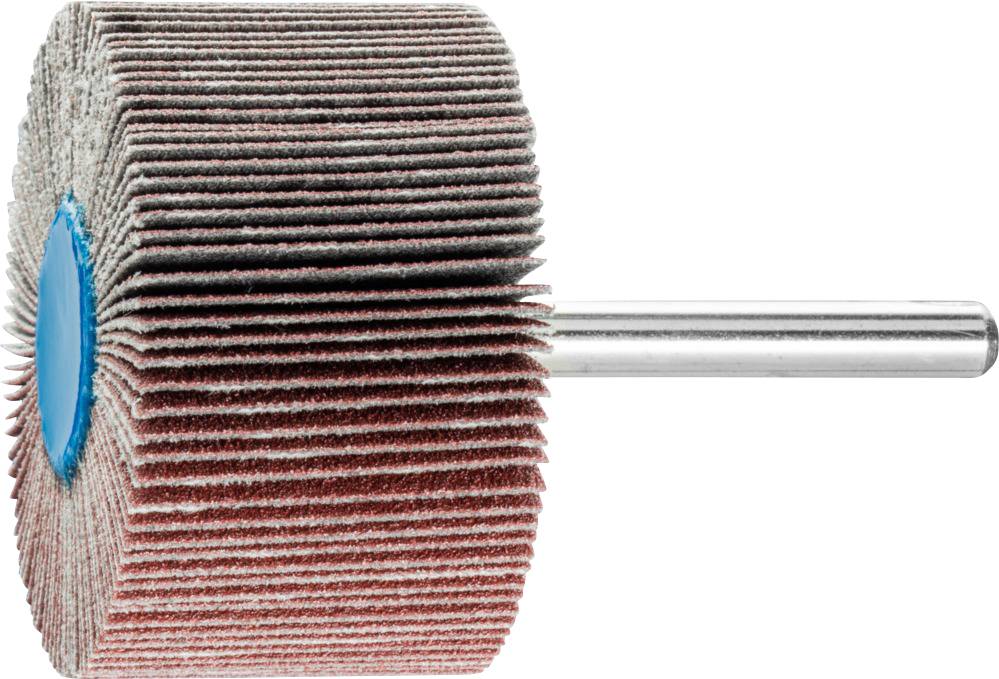 Ein Schleifmop mit vielen Lamellen aus Schleifpapier ist an einer Metallachse befestigt. Geeignet für Feinschliff und Polieren.