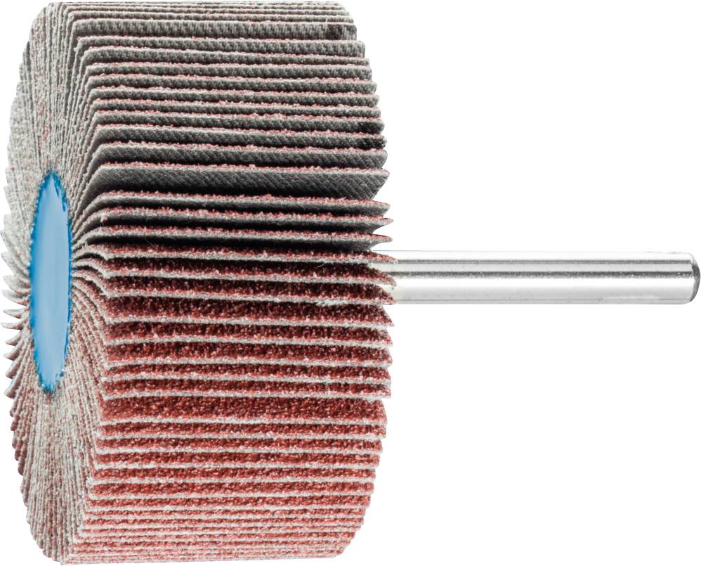 Schleiflamellenrad mit zylindrischem Schaft, seitlich abgebildet. Verwendet für das Schleifen und Polieren von Metalloberflächen.