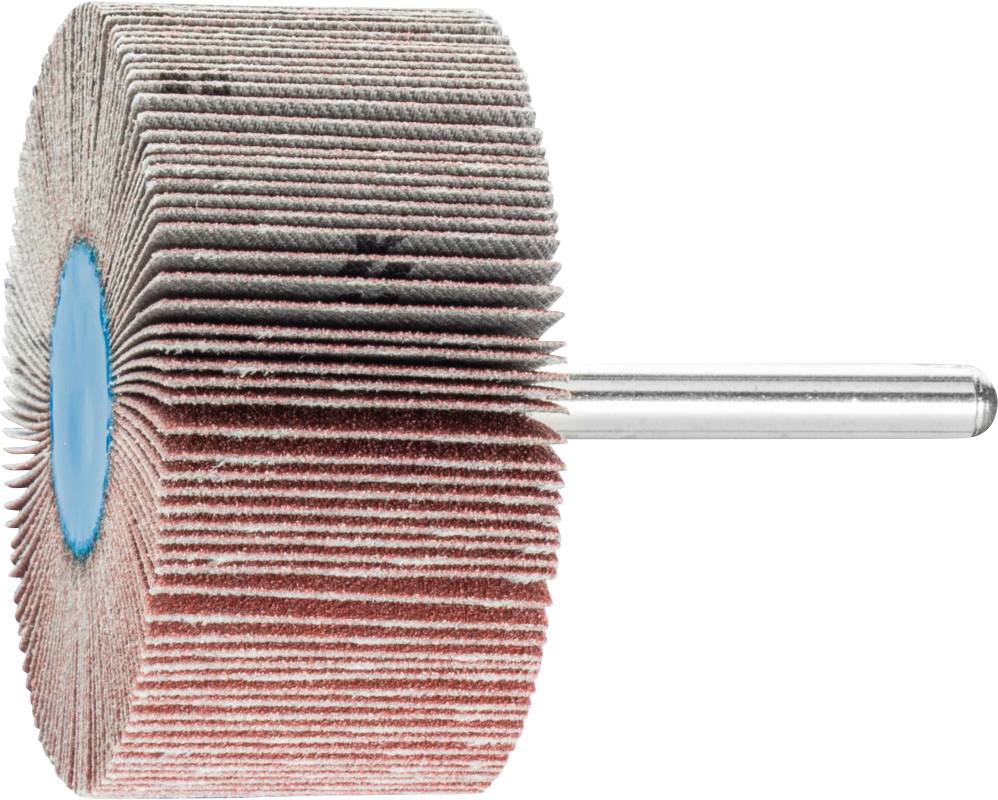 Ein Schleifaufsatz mit lamellenartigen Scheiben und Metallstift, verwendet zum Schleifen oder Polieren von Materialien.