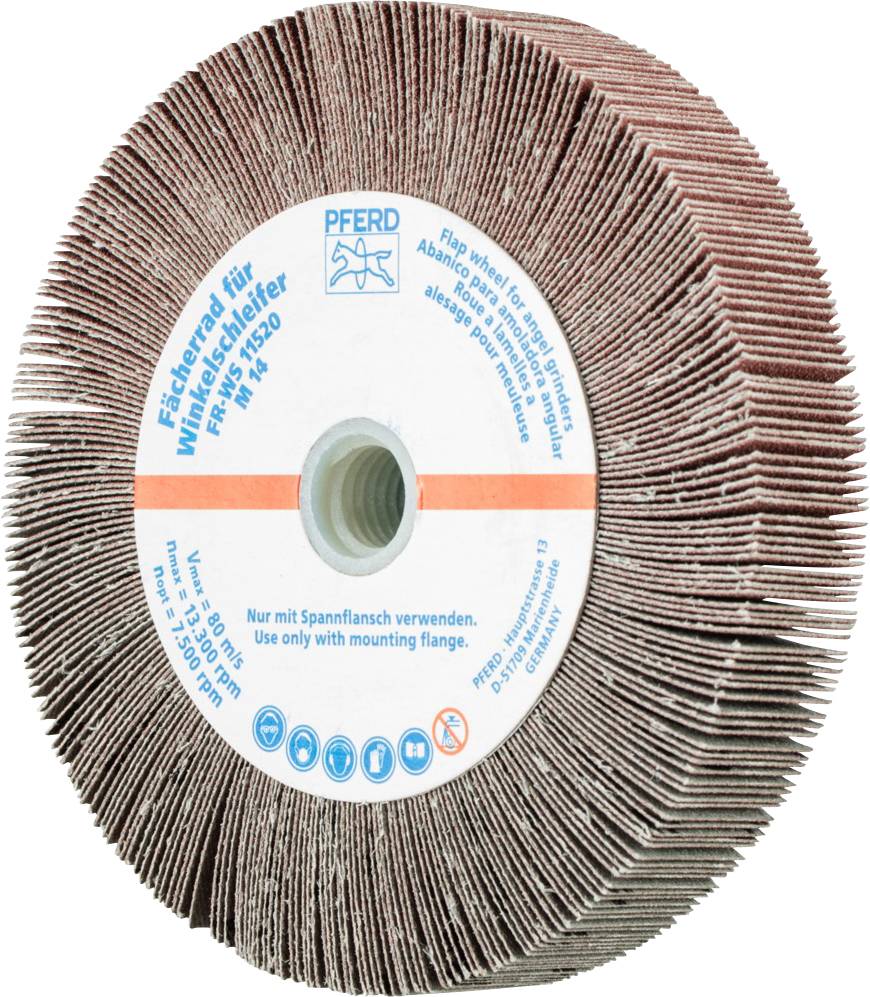 Eine Schleifscheibe mit Papierlamellen für Winkelschleifer, beschriftet mit Gebrauchsanweisungen und Herstellerinformationen.