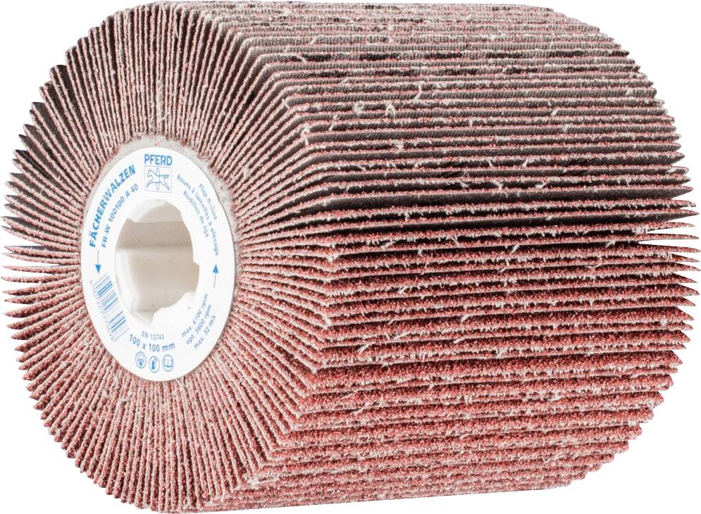 Schleifwalze aus Fächermaterial in Zylinderform, mit vielen Lamellen, zur Bearbeitung und Glättung von Oberflächen.