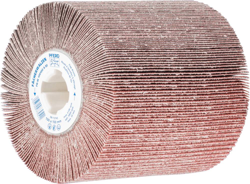 Ein rot-brauner Schleifmop mit dicht gepackten Lamellen auf einem weißen Hintergrund, geeignet zur Bearbeitung von Oberflächen.