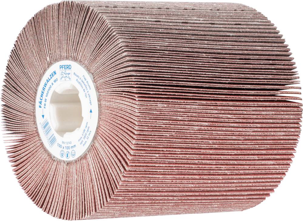 Eine Schleifwalze mit vielen roten Lamellen, die radial angeordnet sind. Sie wird hauptsächlich zum Polieren von Oberflächen verwendet.