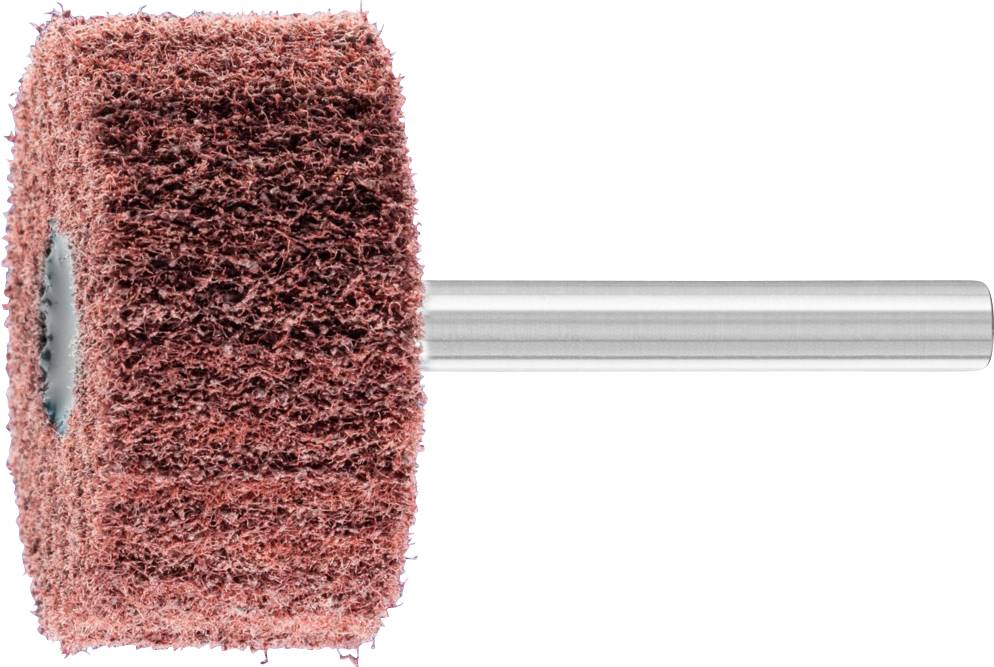 Ein zylinderförmiger Schleifaufsatz mit rotem Schleifmaterial und Metallstab, zur Verwendung mit elektrischen Werkzeugen.