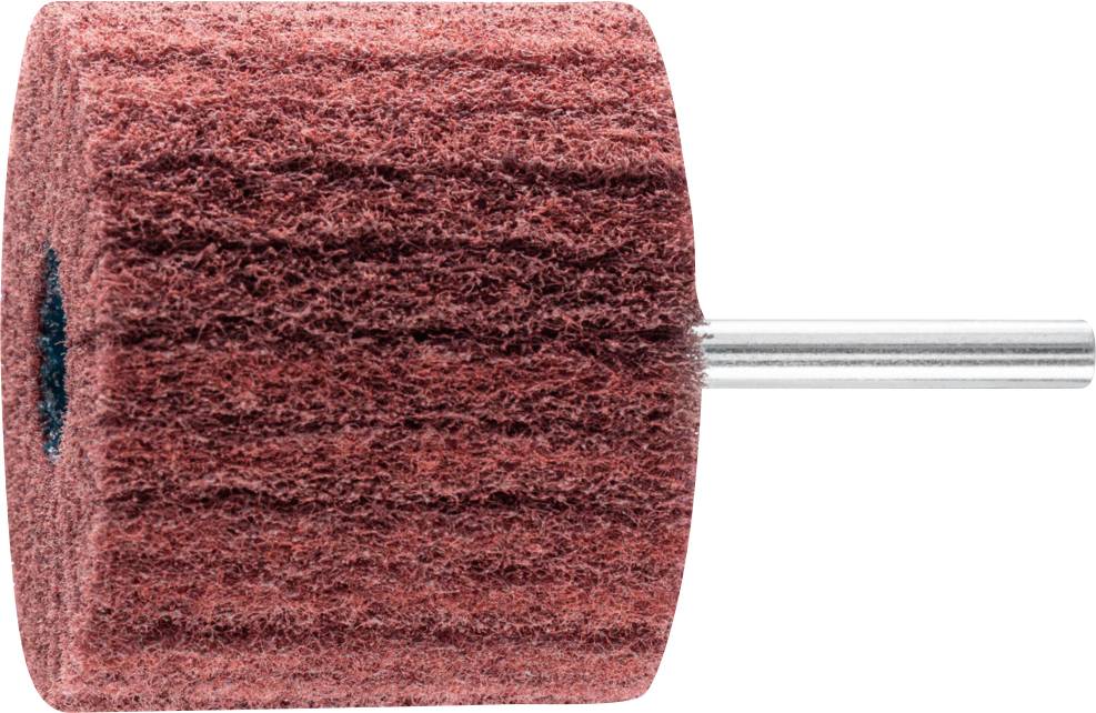 Rotes Schleifwerkzeug mit zylindrischer Form und metallischem Griff. Verwendet für Feinschliff und Politur von Oberflächen.