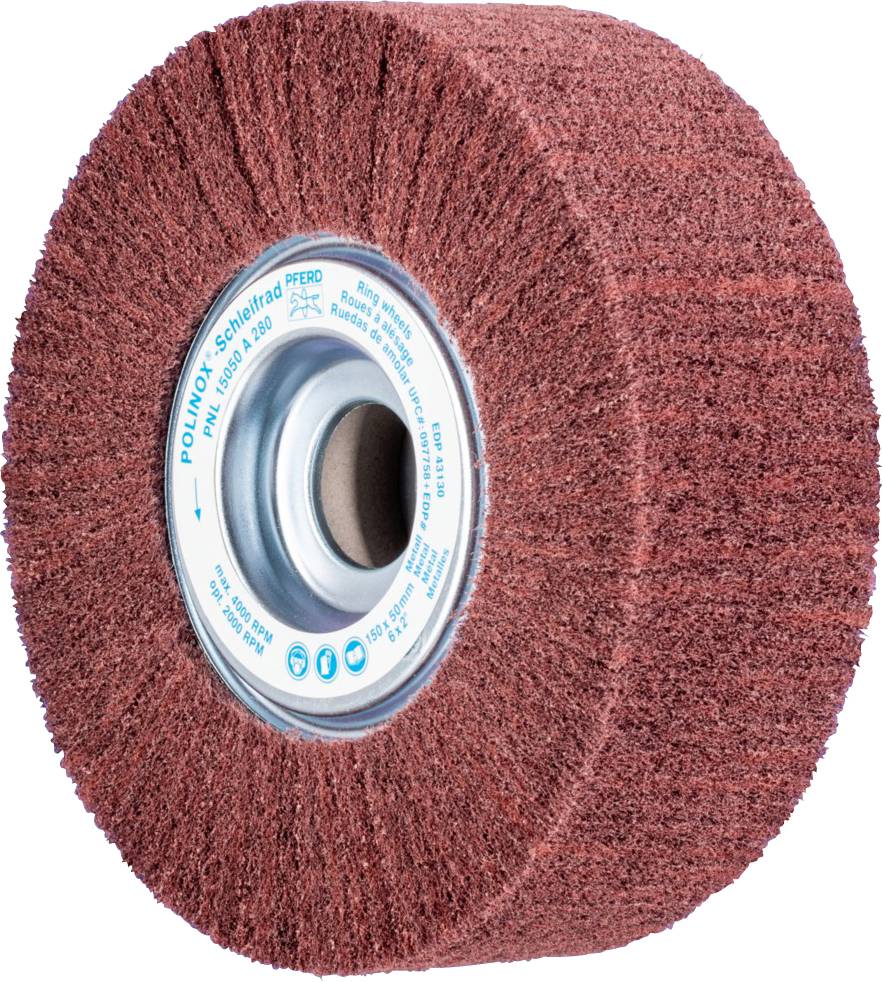 Schleifrad in Zylinderform mit rotbraunem Schleifmaterial, Metallkern und Produktaufkleber, geeignet für Oberflächenbearbeitung.