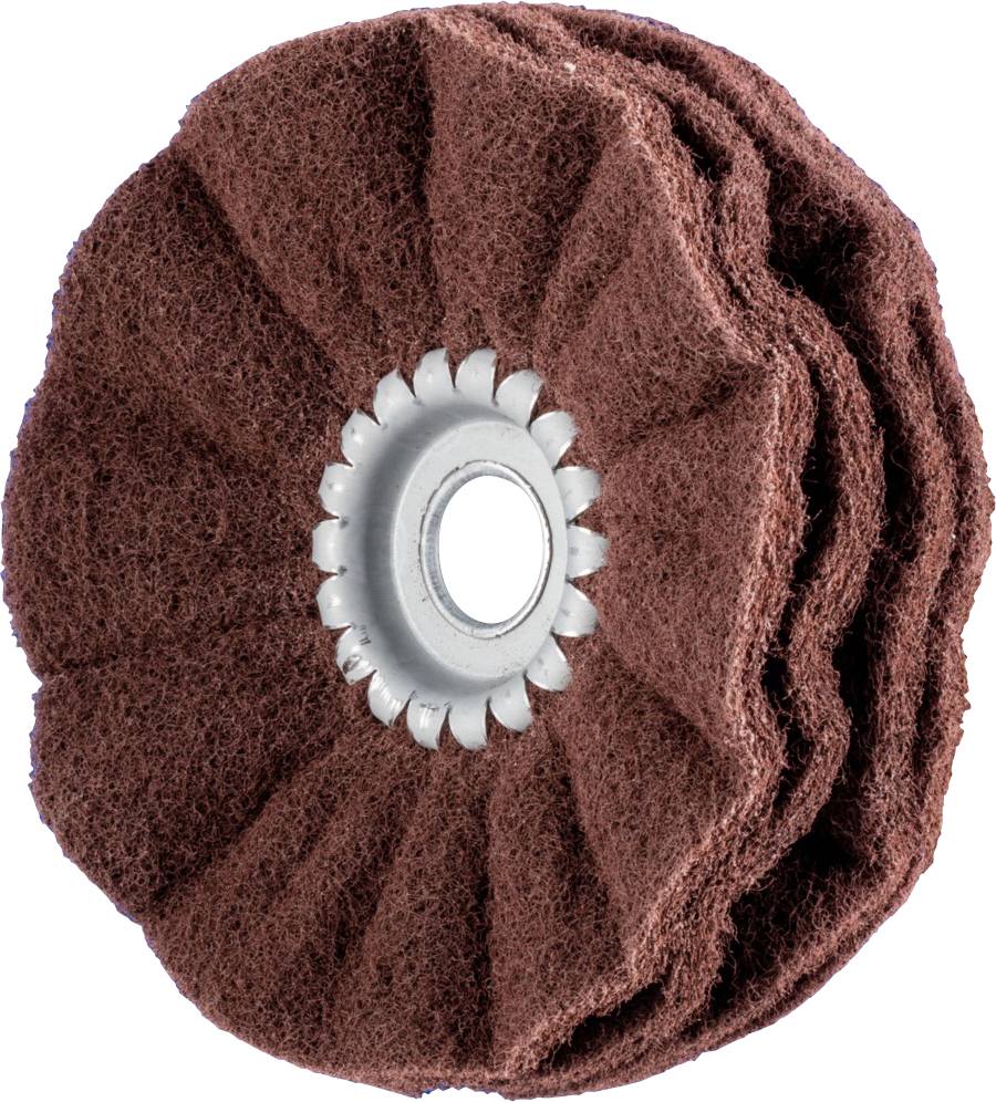 Braune Schleifscheibe mit welliger Oberfläche und Metallkern, verwendet zum Polieren oder Schleifen von Materialien.