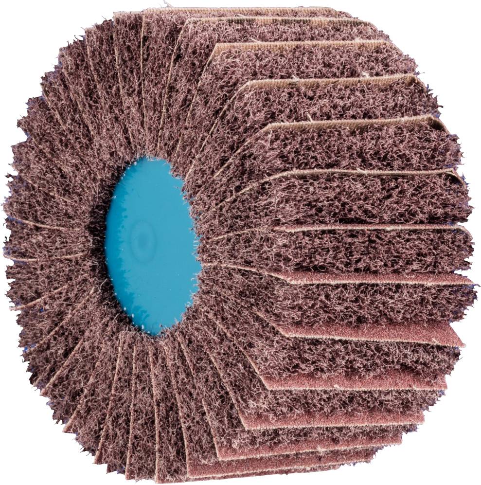 Eine rot-braune Schleifscheibe mit Lamellenstruktur und blauer Mitte, verwendet zum Polieren oder Schleifen von Oberflächen.