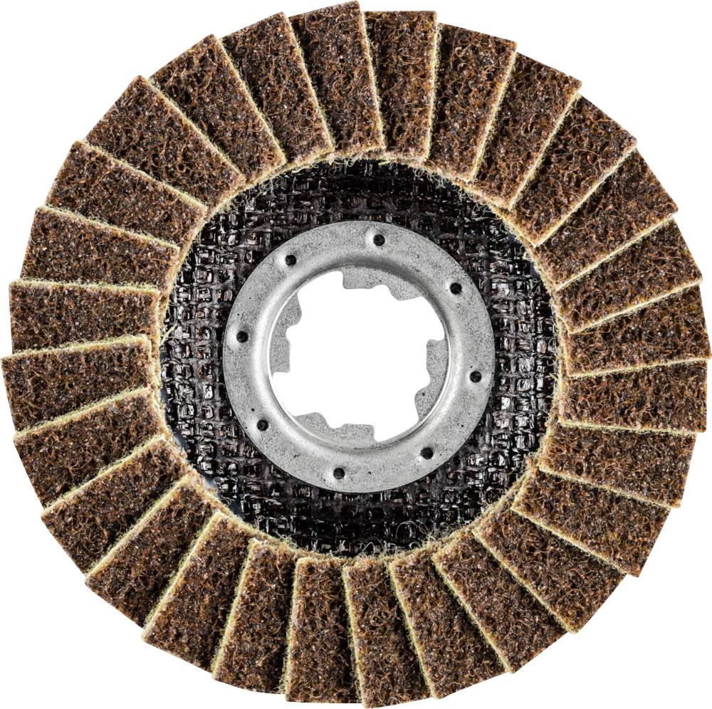 'Schleifmop' Scheibe aus mehreren Lagen Schleifpapier mit einem Metallkern, die zur Oberflächenbearbeitung von Materialien verwendet wird.