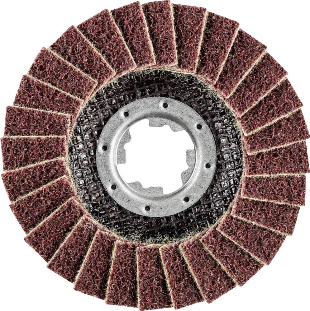 Schleifscheibe mit konzentrisch angeordneten Schleiflamellen um ein rundes Metallzentrum. Verwendet für Metall- oder Holzpolitur.