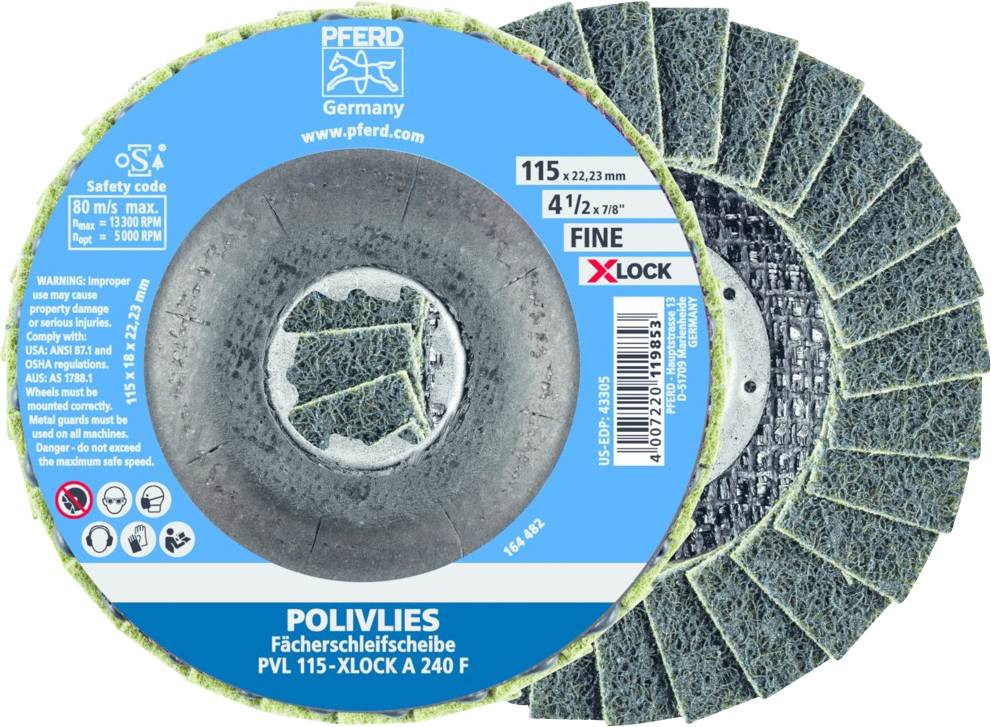 'PFERD Polivlies Fächerschleifscheibe PVL 115-XLOCK A 240 F', 115 mm, feine Körnung für XLOCK-Aufnahmen, max. 13.300 U/min, Sicherheitscode DSA.