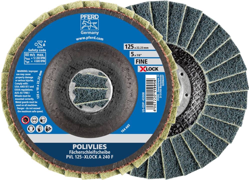 'Pferd Polivlies Fächerschleifscheibe PVL 125 XLOCK A 240 F.' Vorder- und Rückansicht der Schleifscheibe, geeignet für XLOCK System.
