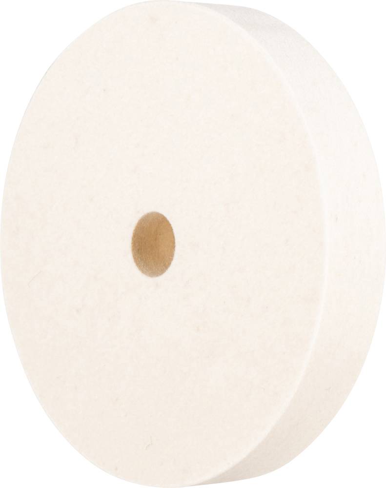 Weißer, runder Filzpolieraufsatz mit einem Loch in der Mitte, geeignet für Polierarbeiten auf verschiedenen Oberflächen.