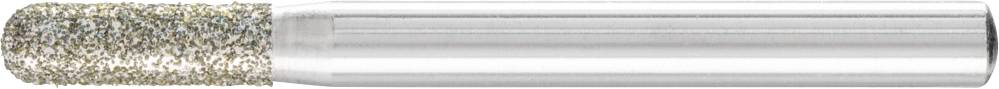 Nahaufnahme eines zylindrischen metallischen Werkzeugs mit einer rauen, texturierten Spitze, möglicherweise ein Schleif- oder Polieraufsatz.