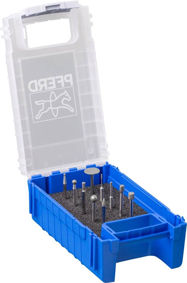 Ein Satz von rotierenden Schleifwerkzeugen unterschiedlicher Formen in einer blauen Kunststoffbox mit transparentem Deckel.