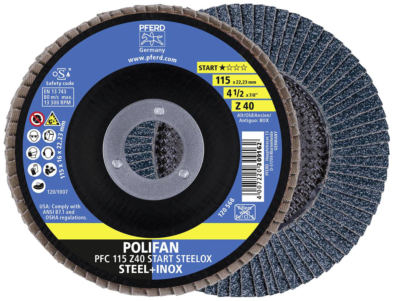 PFERD 69300936PFC 115 Z 40 START STEELOX Fächerschleifscheibe Durchmesser 115mm Bohrungs-Ø 22.23mm 10St.