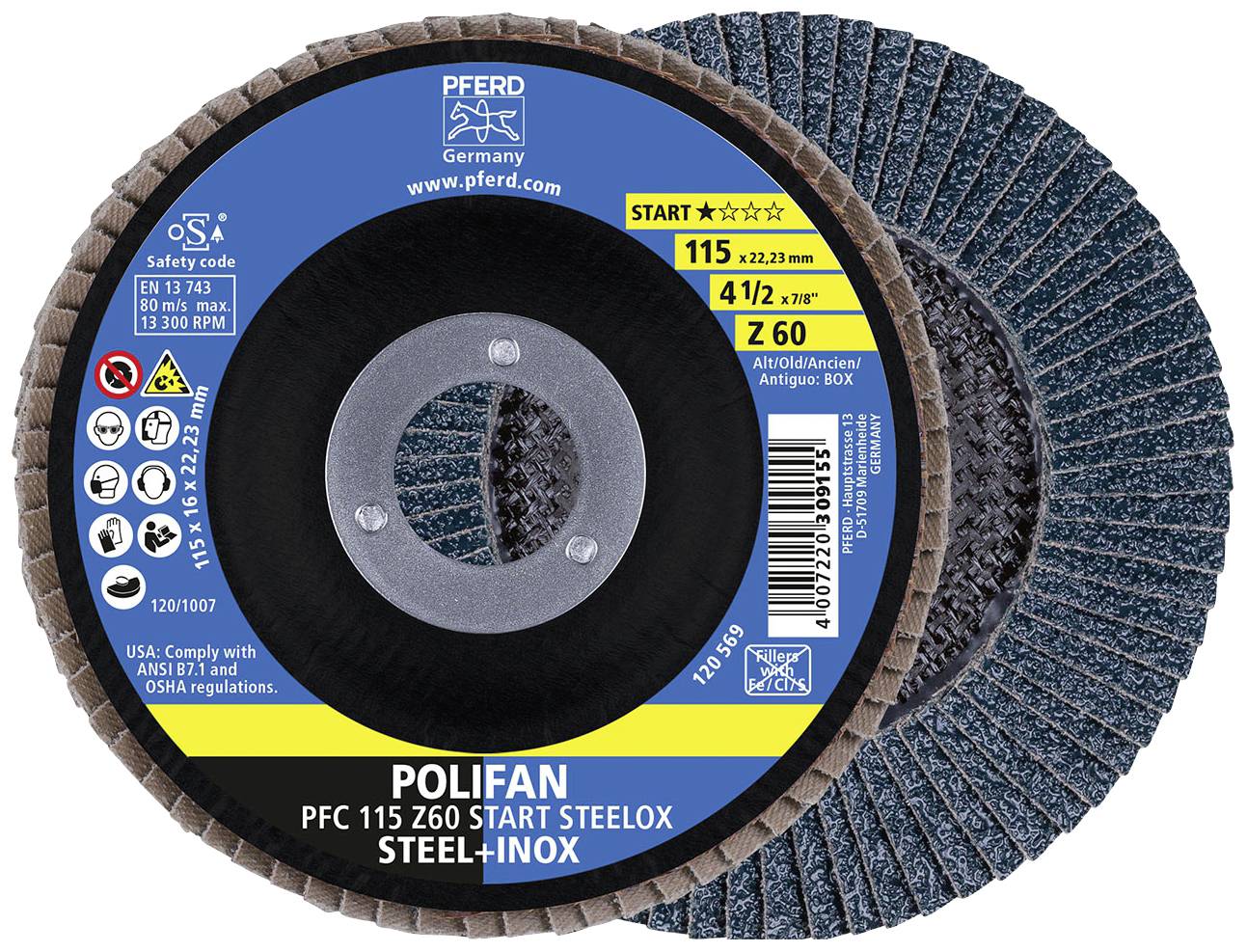 Schleifscheibe Pferd Polifan, Modell PFC 115 Z60, zum Schleifen von Stahl und Inox. Zeigt Produktinfos, Logos und Sicherheitszertifikate.