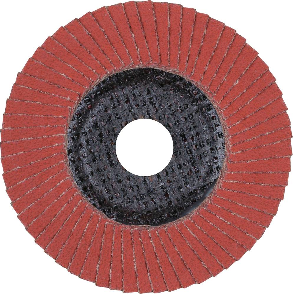 Eine rote Schleifscheibe mit einem schwarzen Loch in der Mitte. Die Scheibe hat fächerförmige Schleifsegmente um das Zentrum.