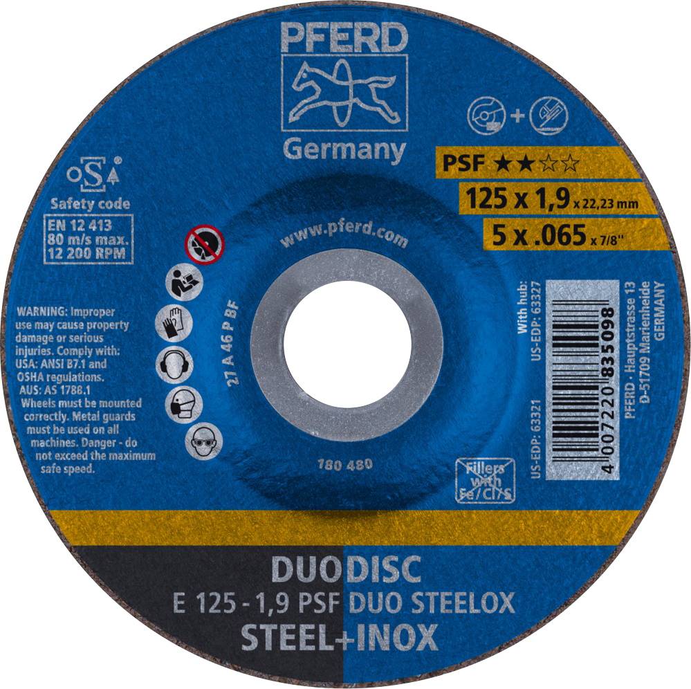Sicht einer Pferd Trennscheibe für Stahl und Edelstahl, Modell Duo Disc PSF, Durchmesser 125 mm. Warnhinweise und Sicherheitsinfos aufgedruckt.
