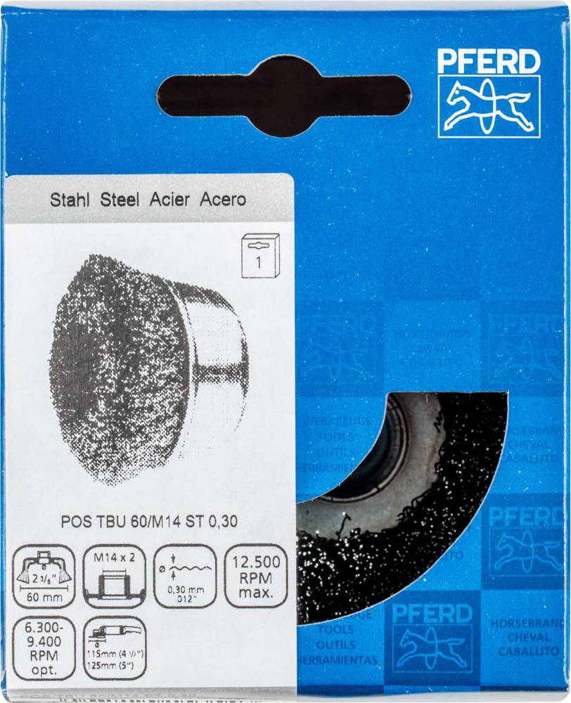 Metall-Schleifscheibe für Stahl, abgebildet mit Spezifikationen: Durchmesser 60 mm, Drehzahl 12.500 RPM, M14 x 2-Gewinde.