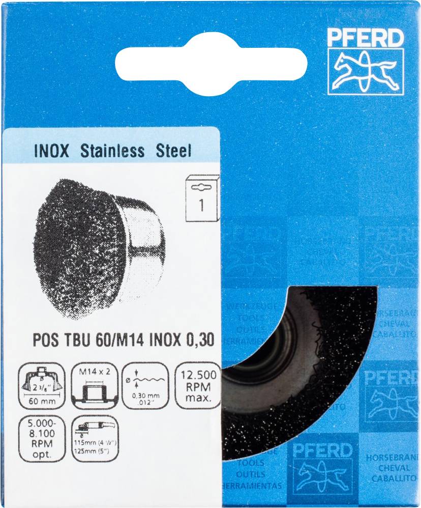 Verpackung einer Schleifscheibe für Edelstahl, Marke PFERD. Details: 60er Korn, maximale Drehzahl 12.500 U/min, Durchmesser 115 mm.